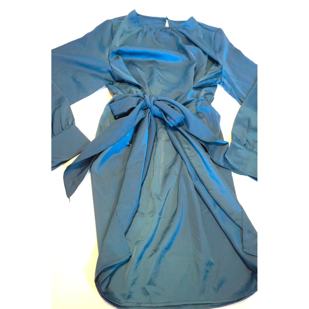 G&Y Teal Blue Satin Tie Front Mini Dress Long Sleeve Cocktail XXL NEW - Picture 2 of 8